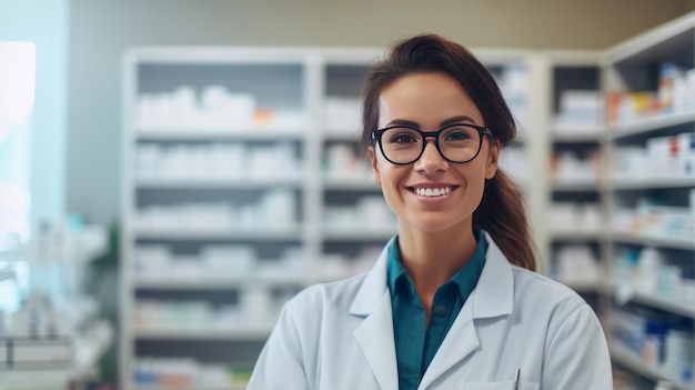 Foto fotografia do retrato sorridente de uma linda farmacêutica em uma farmácia
