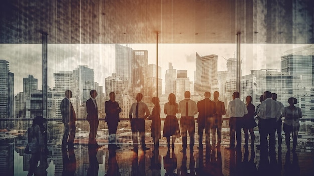 Fotografía de doble exposición de una conferencia de negocios con una reunión de personas en el fondo y un edificio de oficinas de la ciudad en el fondo IA generativa