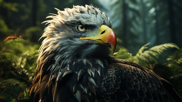 Foto una fotografía de doble exposición con un majestuoso águila calva y el paisaje del noroeste del pacífico