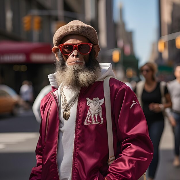 fotografía documental mono humanizado con camiseta blanca chaqueta borgoña gafas de sol y gorra