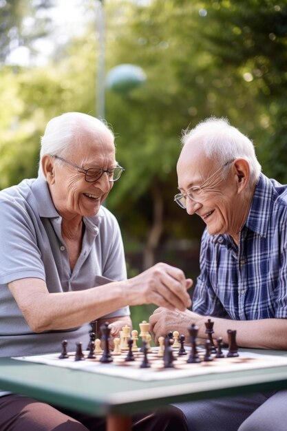 Fotografía de dos amigos mayores felices jugando al ajedrez juntos al aire libre