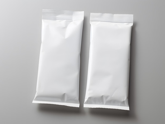 Fotografía de dos bolsas blancas en blanco contra una superficie gris limpia