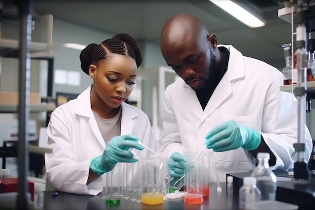 Fotografía de dos científicos ocupados analizando una muestra química creada con IA generativa