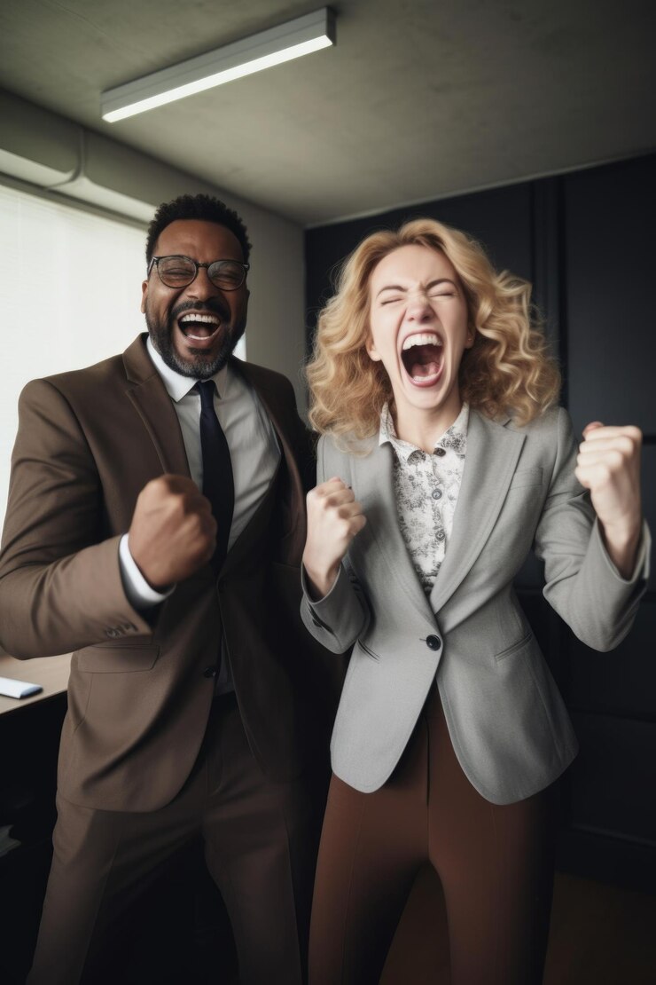 Fotografía de dos colegas de negocios felices en la oficina