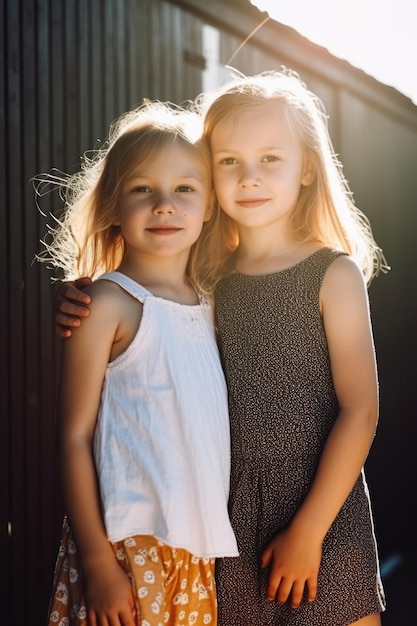 Fotografía de dos hermanas jóvenes felices de pie juntas en el sol afuera