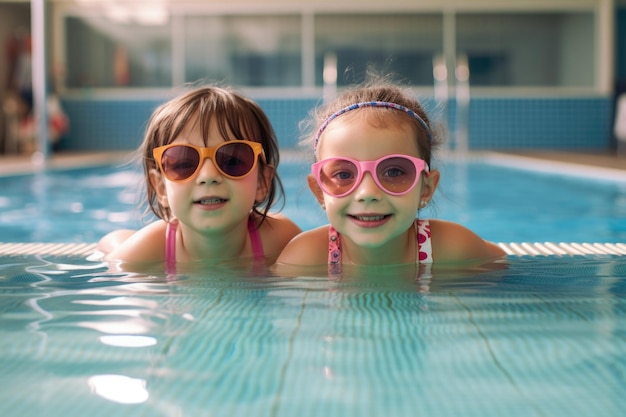 Fotografía de dos hermanas jóvenes en una piscina pública creada con IA generativa