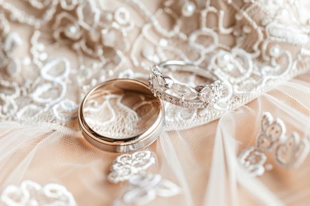 Fotografía de dos hermosos anillos de bodas en la parte superior de un vestido de novia