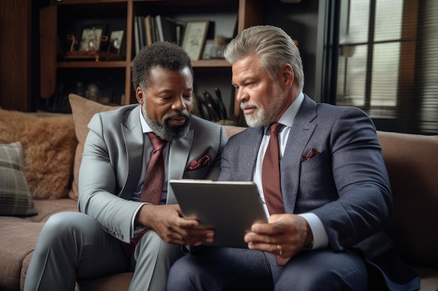 Fotografía de dos hombres de negocios usando una tableta digital juntos en casa