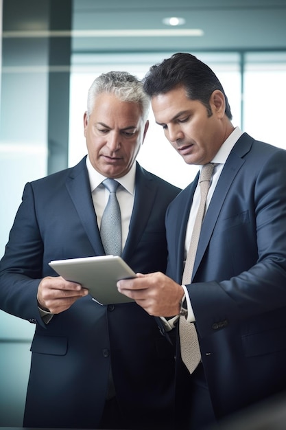 Foto fotografía de dos hombres de negocios usando una tableta digital juntos en una oficina creada con ia generativa