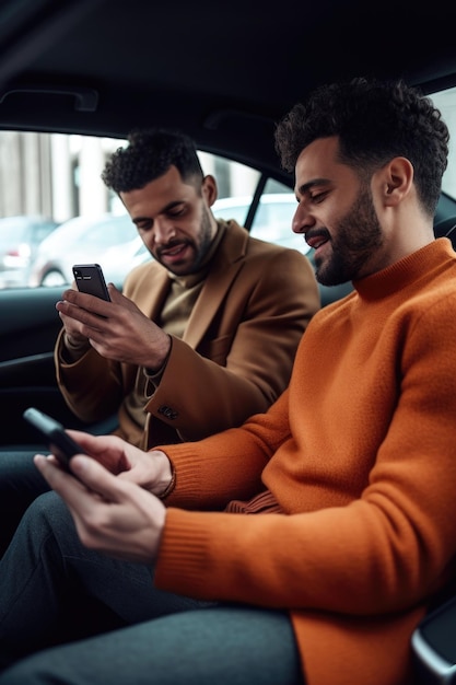 Fotografía de dos hombres sentados en un coche y usando su teléfono creada con IA generativa