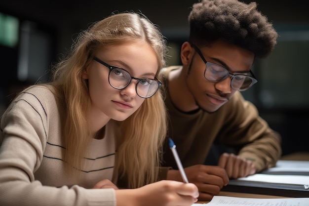 Fotografía de dos jóvenes estudiantes estudiando juntos en clase creada con IA generativa