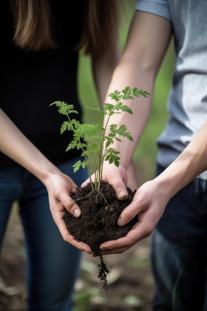 Fotografía de dos jóvenes sosteniendo una planta que crece en el suelo creado con IA generativa