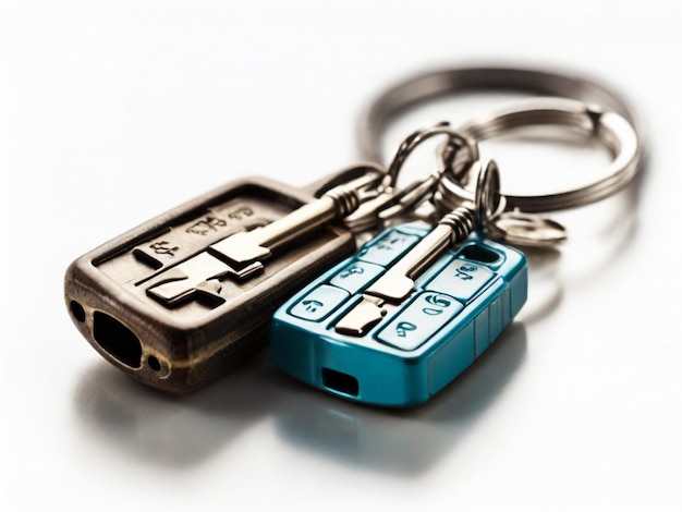 Fotografía de dos llaves en un anillo de llaves aislado sobre un fondo blanco