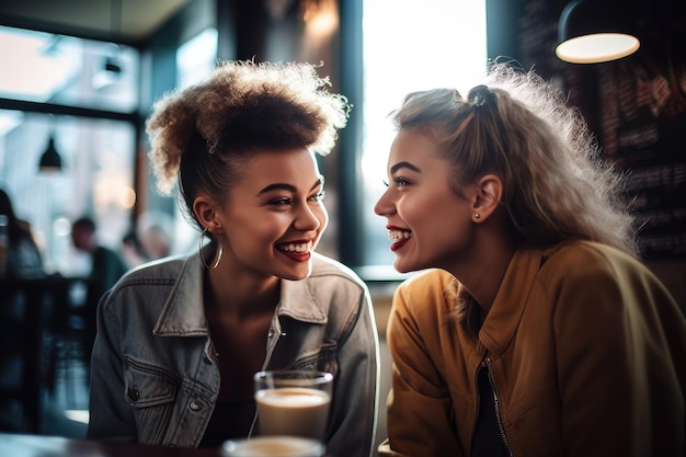 Fotografía de dos mujeres jóvenes disfrutando de una cita de café juntas en un café creado con IA generativa
