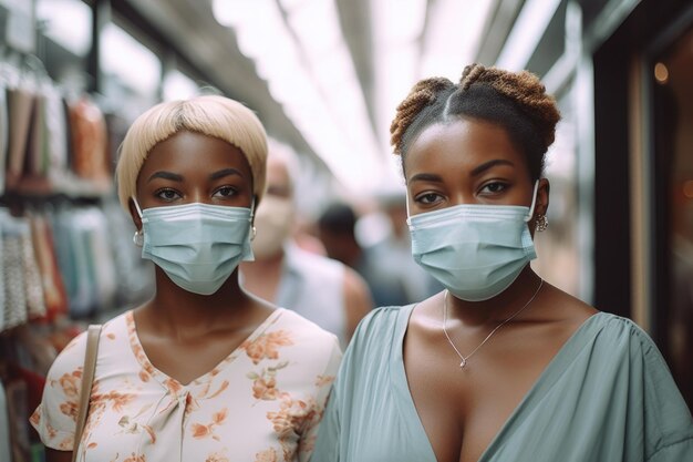 Fotografía de dos mujeres jóvenes con máscaras faciales mientras van de compras