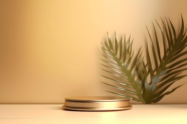 Fotografia dourada pódios de renderização 3D com folhas para produtos cosméticos generativa ai