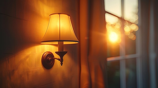 Fotografia dramática mostrando uma lâmpada de parede banhada em luz quente evocando uma sensação de conforto e tranquilidade