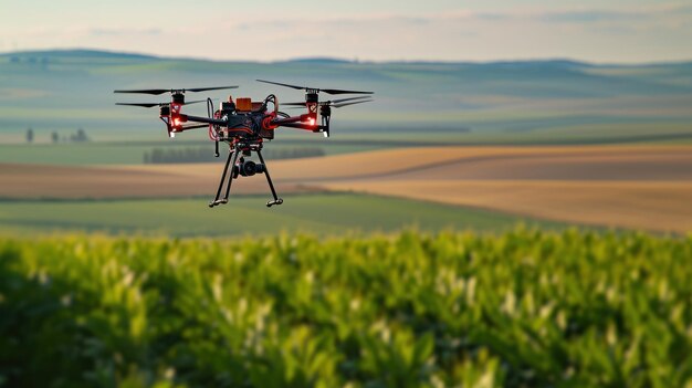 Fotografía de drones agrícolas en acción volando sobre vastos campos para monitorear la salud de los cultivos