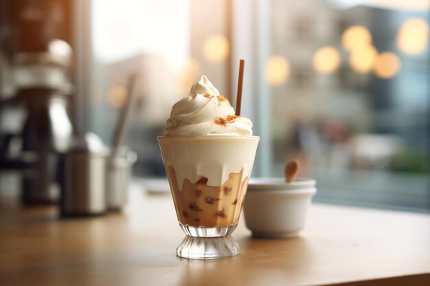 Fotografia DSLR fotorrealista de sorvete Affogato com fundo Cafe Bokeh Generative Ai