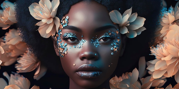 Fotografia editorial a mulher negra mais atraente inspirada nas flores de pêssego iridescentes holográficas celestiais geradas por IA