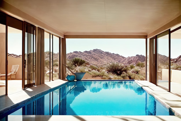 Fotografia editorial de uma sala de estar com vista para uma piscina e uma piscina Aigenerated