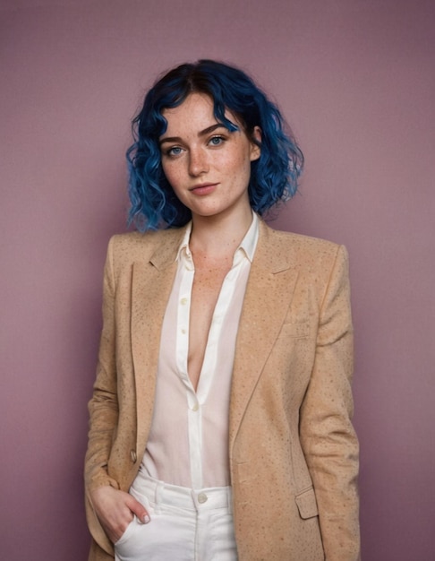 Foto fotografía editorial de una mujer de 25 años con cabello desordenado y rizos de cabello azul