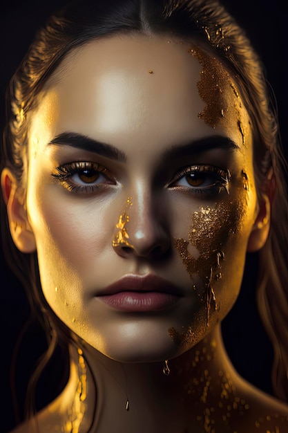 Fotografia editorial Mulher jovem e atraente caucasiana pingando ouro e glitter AIGenerated
