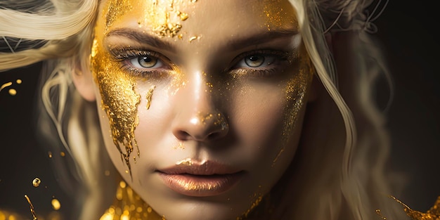 Fotografia editorial mulher loira pingando ouro e glitter AIGenerated
