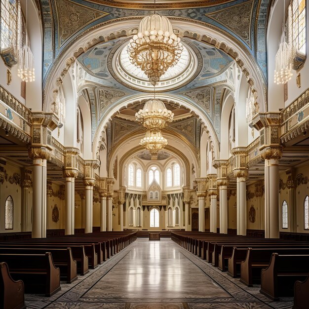 Fotografía de elementos eclécticos del interior de una gran sinagoga judía coral con columnas