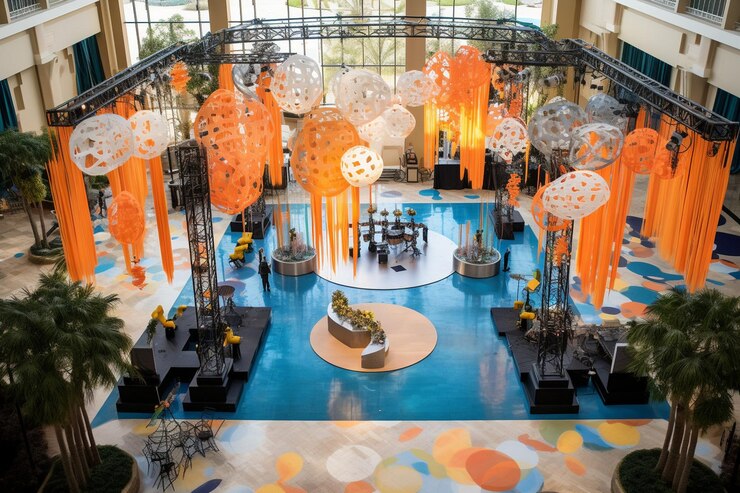 Foto fotografia em alto ângulo de um espaço de evento temático decorado para se assemelhar a um local ou cenário específico