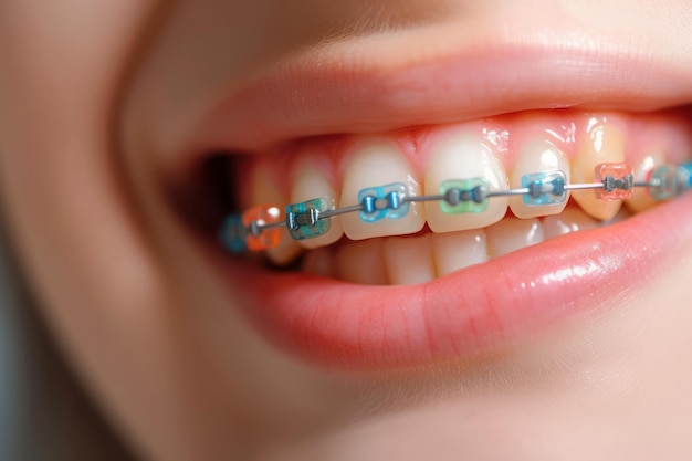 Fotografia em close de aparelhos ortodônticos coloridos em dentes de meninas
