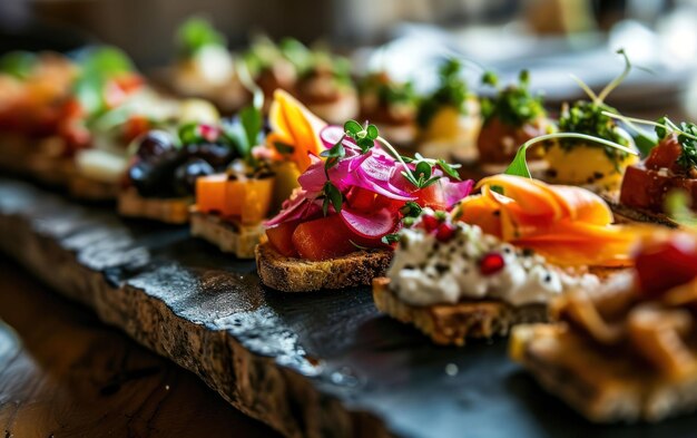 Foto fotografia em close de aperitivos coloridos em um prato elegante