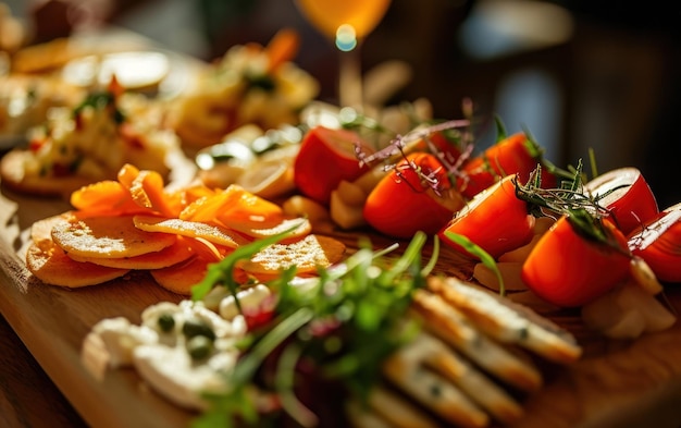 Foto fotografia em close de aperitivos coloridos em um prato elegante