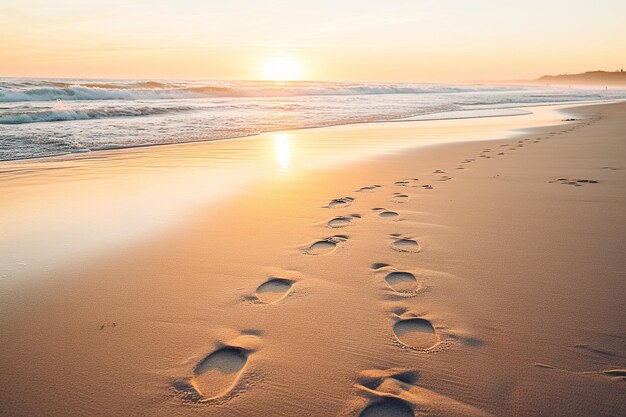 Fotografia em close de areia de praia com pegadas ao pôr-do-sol