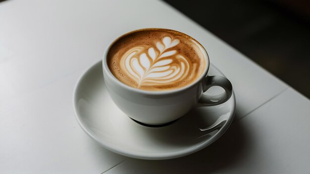 Fotografia em close de café latte com arte latte em uma xícara branca de cerâmica e um prato em fundo branco