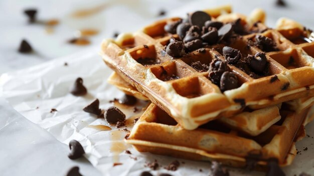 Fotografia em close de Chocolate Chip Waffles contra fundo branco