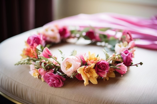 Fotografia em close de coroa de flores de noiva em uma mesa