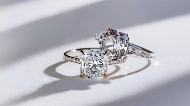 Fotografia em close de dois anéis de diamante em uma superfície branca