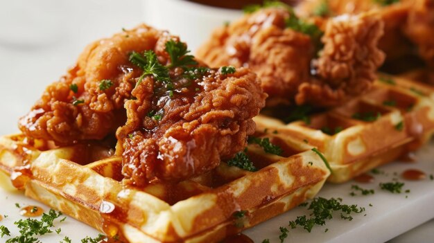 Fotografia em close de frango saboroso e waffles em uma superfície branca limpa