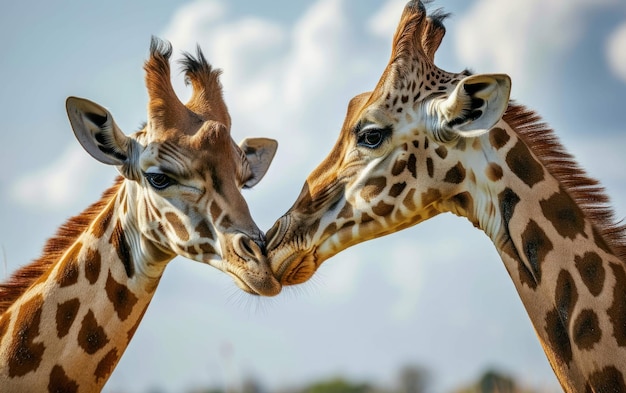 Fotografia em close de girafas compartilhando um momento de conexão familiar