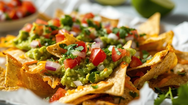 Fotografia em close de Guacamole Nachos carregados em uma superfície branca limpa