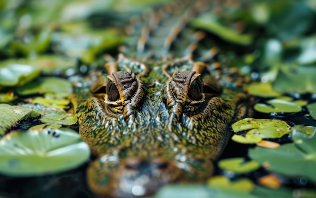 Fotografia em close de olhos de um crocodilo olhando de baixo de uma camuflagem