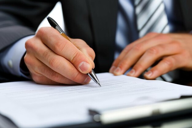 Fotografia em close de um empresário assinando um contrato de negócios Um empresário escrevendo em um documento de papel