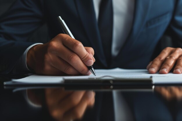 Fotografia em close de um empresário assinando um contrato de negócios Um empresário escrevendo em um documento de papel