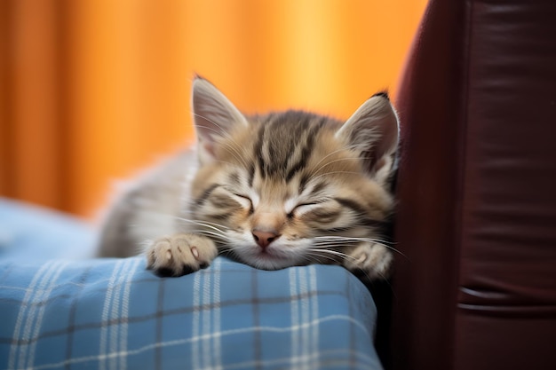 Fotografia em close de um gatinho bonito dormindo no sofá