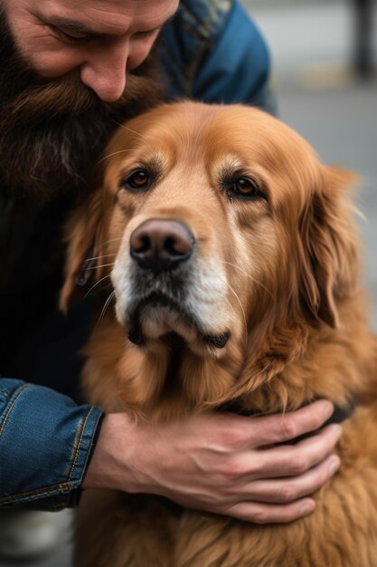 Foto fotografia em close de um homem acariciando seu cachorro