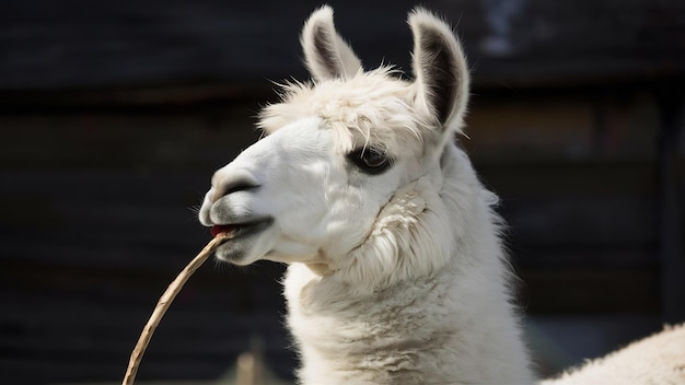 Fotografia em close de um lama branco mastigando