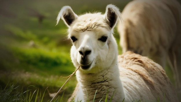 Fotografia em close de um lama branco mastigando