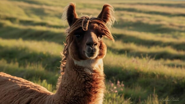 Fotografia em close de um lama castanho no campo