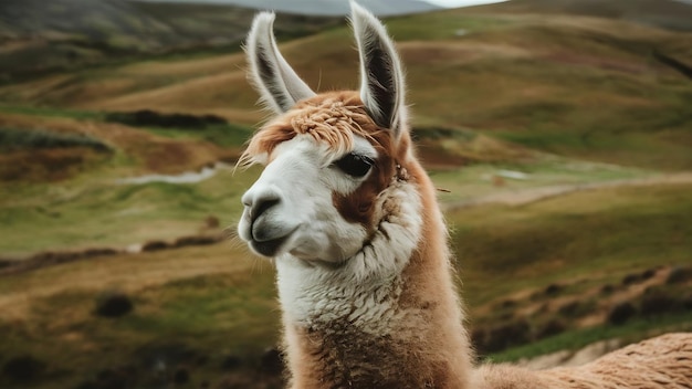 Fotografia em close de um lama castanho no campo